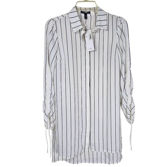 Eileen Fisher Silk Crepe Button Up Shirt PS Ivory Painterly Stripe Ruched Sleeve - Picture 1 of 12